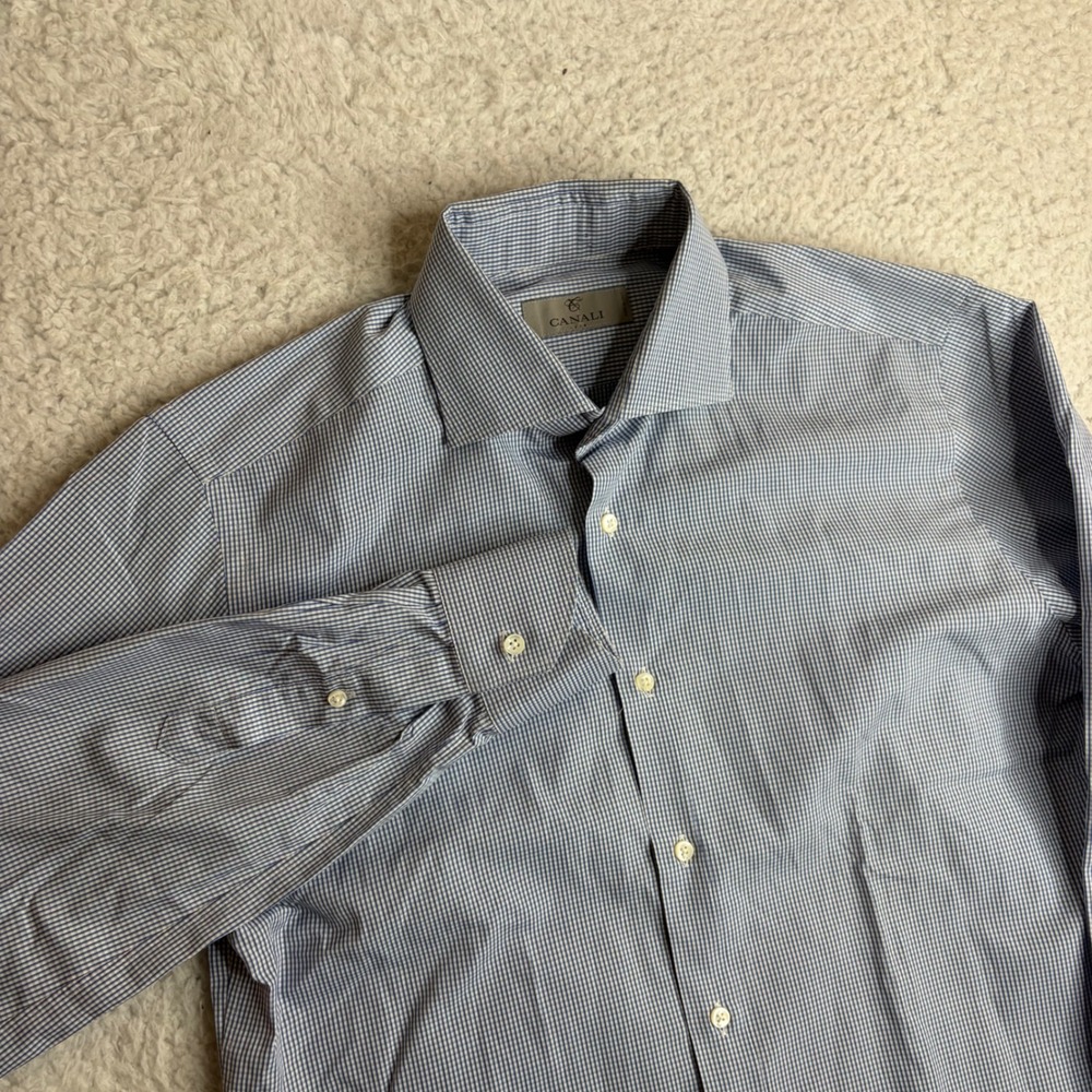 Canali 1934 Mens Blue White Micro Gingham Dress Shirt Made in Italy 15.5 39